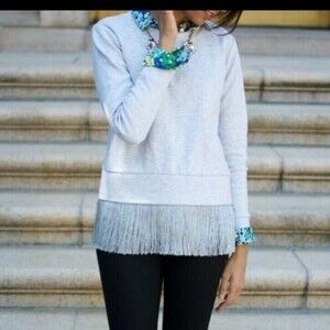 J Crew Silver Grey Fringe Hem Crew Neck Zip Back size Large